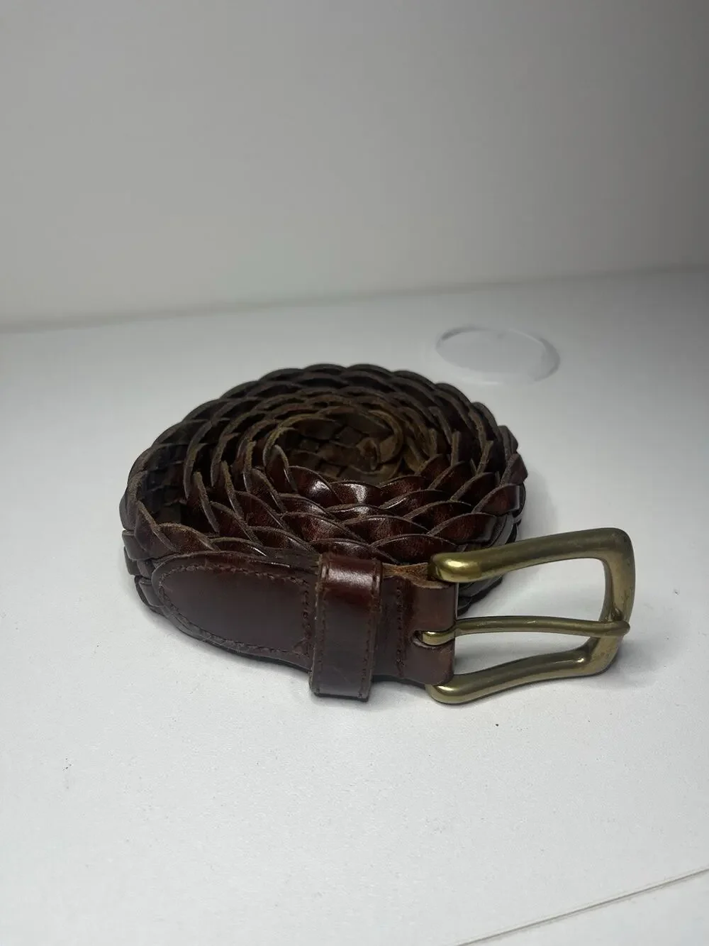 Braided Genuine Leather Belt Mahogany Brown Gold Buckle Woven Gaucho 38